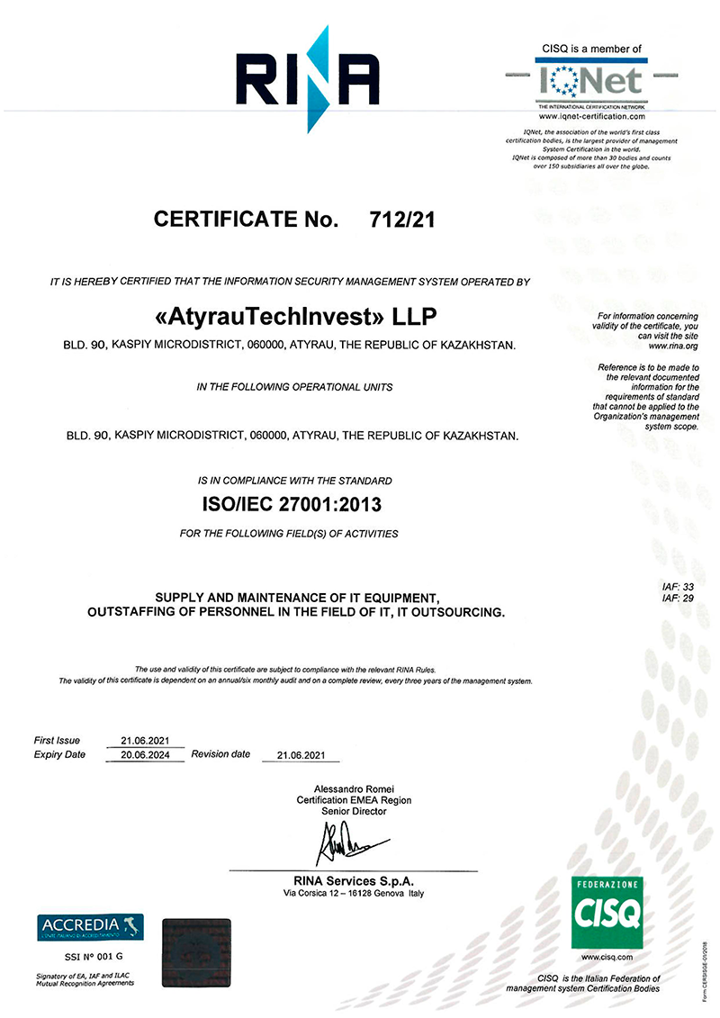 Cert_RINA_CERTIFICATE_ISO_27001_FOR_ATYRAUTECHINVEST_LLP